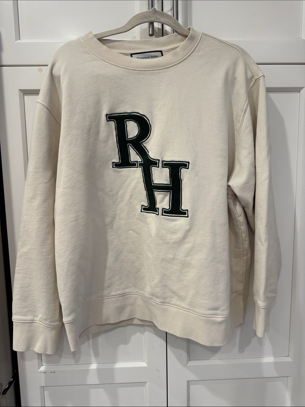 Recreational Habit Jackie Crewneck Sweatshirt in Cream with Green Letters